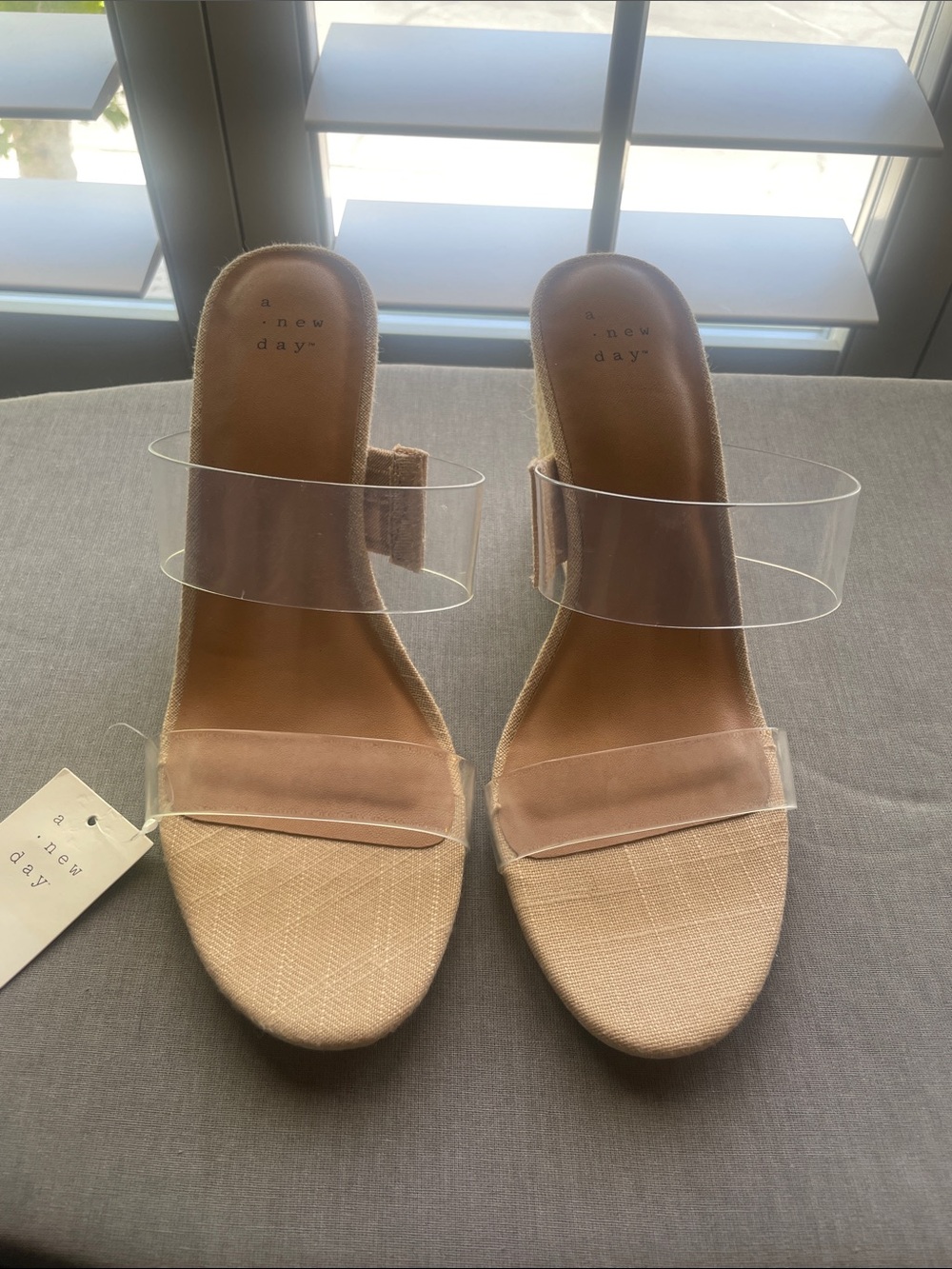 a new day Beige Espadrille Wedges with Clear Double Straps Size 8.5 - Picture 2 of 9